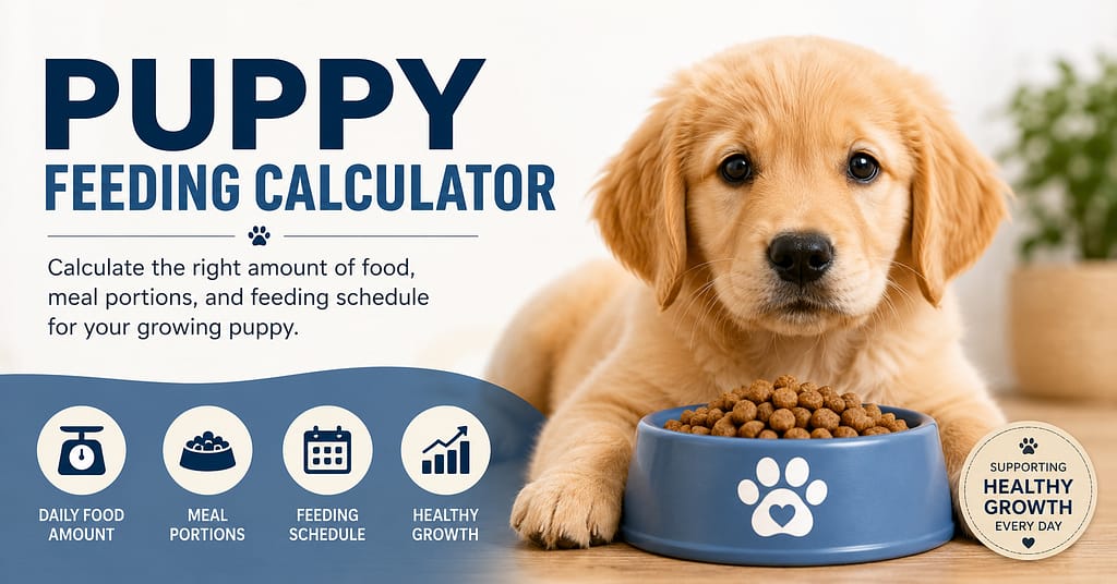 Puppy Feeding Calculator: How Much Should You Feed a Puppy? 2 Puppy feeding calculator with golden retriever puppy and food bowl