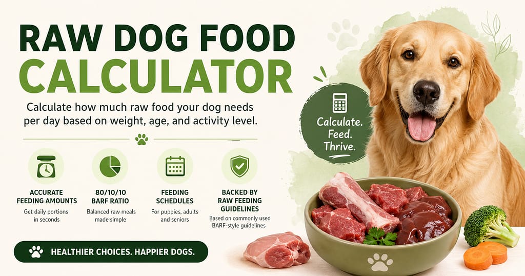 Raw Dog Food Calculator 9 Raw dog food calculator showing daily feeding amounts, BARF ratios, meal schedules, and balanced raw diet portions for dogs.