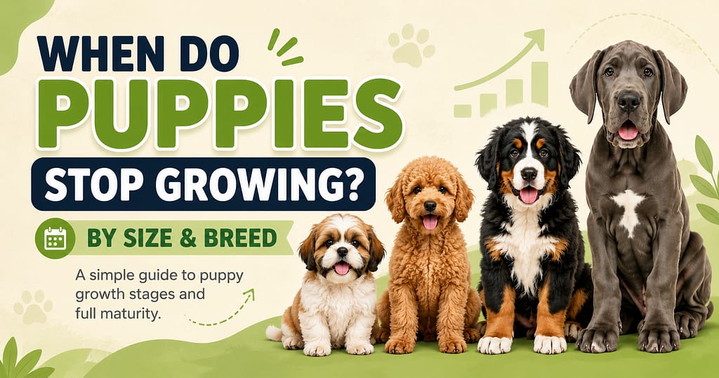 When Do Puppies Stop Growing? 1 Illustration showing puppies of different dog breeds and sizes with information about when puppies stop growing
